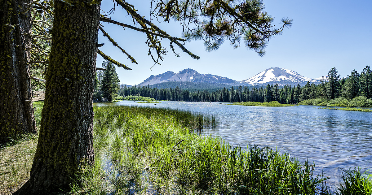 Lassen Peak Behind Manzanita Lake At Lassen Volcanic National Park